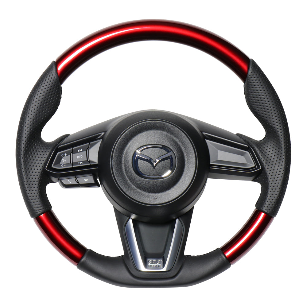 REAL ORIGINAL SERIES SOFT D SHAPE PEARL RED BLACK EURO STITCH STEERING WHEEL FOR MAZDA MAZDA2 DJ  MZD-RDW-BK