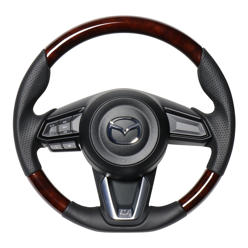 REAL ORIGINAL SERIES SOFT D SHAPE BROWN WOOD BLACK EURO STITCH STEERING WHEEL FOR MAZDA MAZDA2 DJ  MZD-BRW-BK