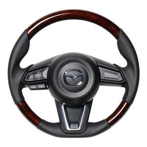 REAL ORIGINAL SERIES SOFT D SHAPE BROWN WOOD BLACK EURO STITCH STEERING WHEEL FOR MAZDA MAZDA2 DJ  MZD-BRW-BK