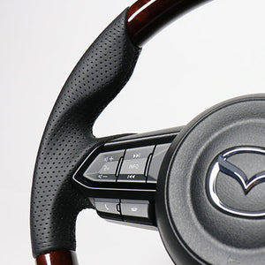 REAL ORIGINAL SERIES SOFT D SHAPE BROWN WOOD BLACK EURO STITCH STEERING WHEEL FOR MAZDA MAZDA2 DJ  MZD-BRW-BK