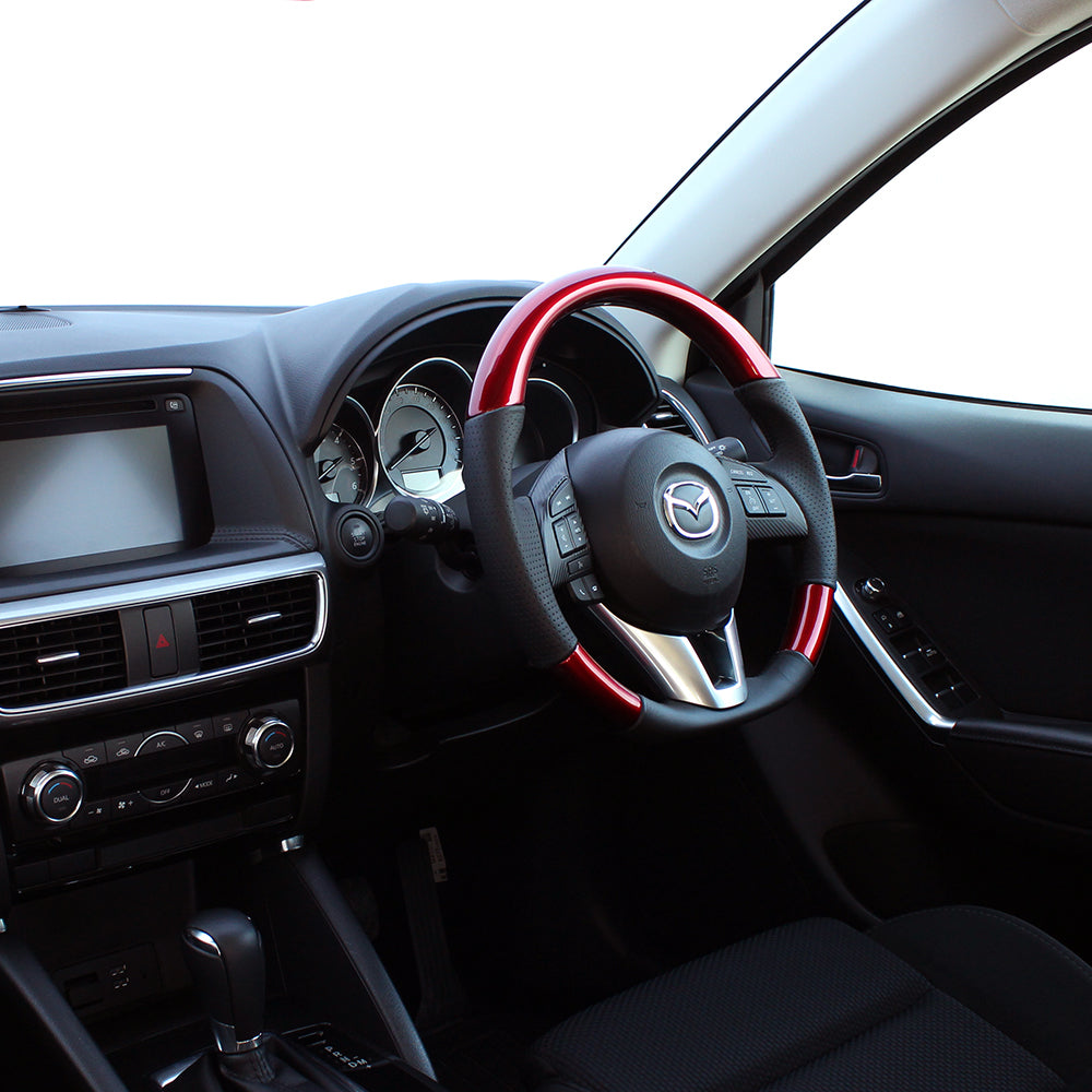 REAL ORIGINAL SERIES D SHAPE PEARL RED BLACK EURO STITCH STEERING WHEEL FOR MAZDA AXELA BM:ZENKI BY:ZENKI  MZA-RDW-BK