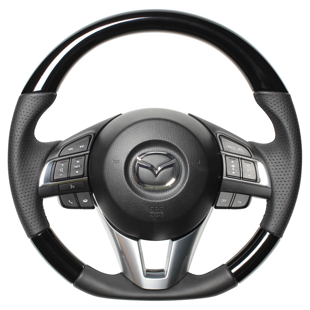 REAL ORIGINAL SERIES D SHAPE PIANO BLACK BLACK EURO STITCH STEERING WHEEL FOR MAZDA CX-5 KE  MZA-PBW-BK