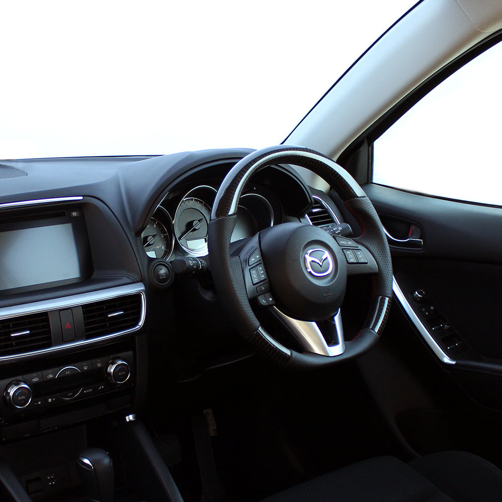 REAL ORIGINAL SERIES D SHAPE BLACK CARBON RED X BLACK EURO STITCH STEERING WHEEL FOR MAZDA AXELA BM:ZENKI BY:ZENKI  MZA-BKC-RD