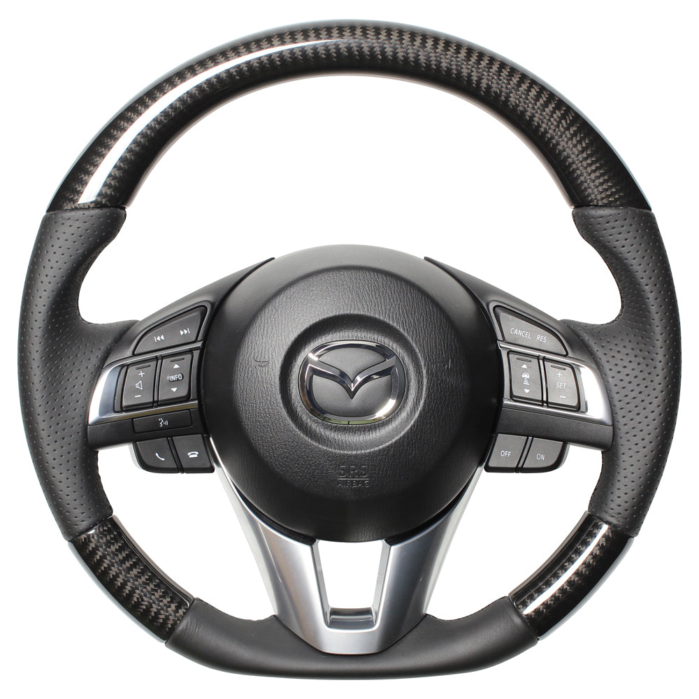 REAL ORIGINAL SERIES D SHAPE BLACK CARBON BLACK EURO STITCH STEERING WHEEL FOR MAZDA AXELA BM:ZENKI BY:ZENKI  MZA-BKC-BK