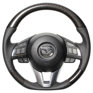 REAL ORIGINAL SERIES D SHAPE BLACK CARBON BLACK EURO STITCH STEERING WHEEL FOR MAZDA AXELA BM:ZENKI BY:ZENKI  MZA-BKC-BK