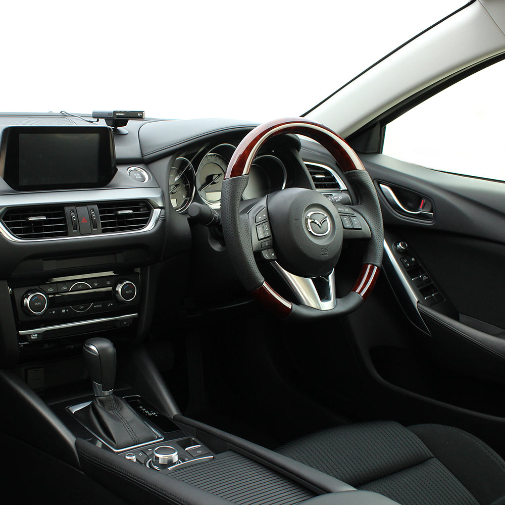 REAL ORIGINAL SERIES D SHAPE BROWN WOOD BLACK EURO STITCH STEERING WHEEL FOR MAZDA ATENZA GJ: ZENKI  MZB-BRW-BK