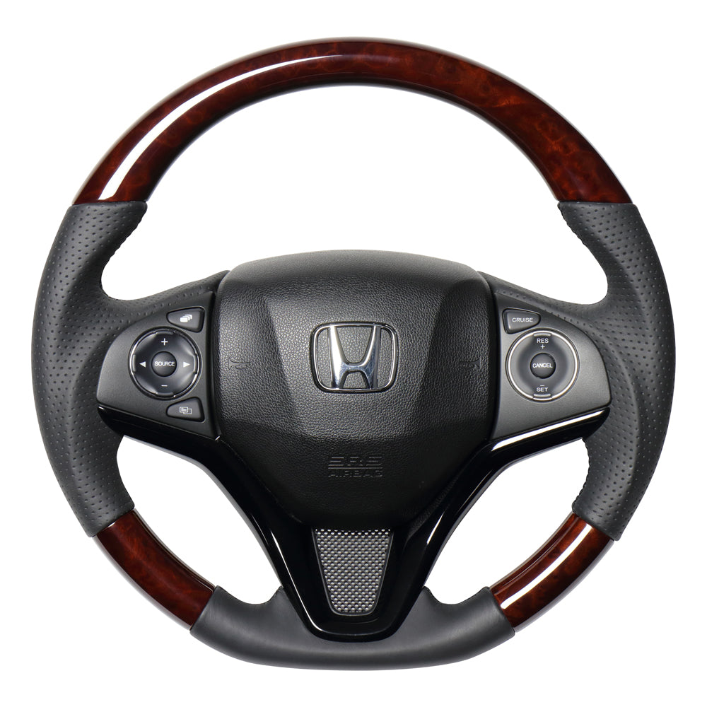 REAL ORIGINAL SERIES SOFT D SHAPE BROWN WOOD BLACK EURO STITCH STEERING WHEEL FOR HONDA VEZEL RU1-4 JH3 JH4 HNA-BRW-BK