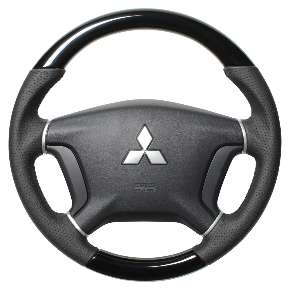 REAL ORIGINAL SERIES ROUND SHAPE PIANO BLACK BLACK STITCH STEERING WHEEL FOR MITSUBISHI PAJERO V8 W V9 W  D5-PBW-BK