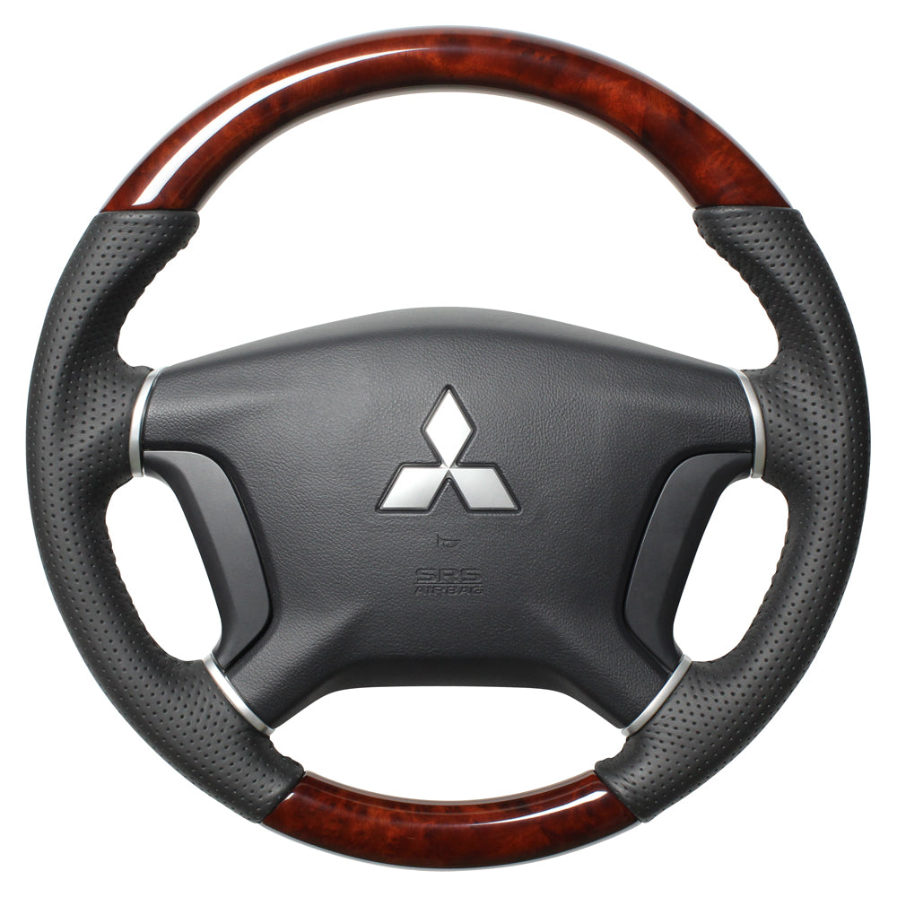 REAL ORIGINAL SERIES ROUND SHAPE BROWN WOOD BLACK STITCH STEERING WHEEL FOR MITSUBISHI PAJERO V8 W V9 W  D5-BRW-BK