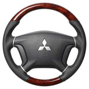 REAL ORIGINAL SERIES ROUND SHAPE BROWN WOOD BLACK STITCH STEERING WHEEL FOR MITSUBISHI PAJERO V8 W V9 W  D5-BRW-BK