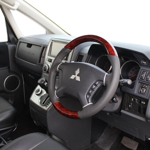 REAL ORIGINAL SERIES ROUND SHAPE BROWN WOOD BLACK STITCH STEERING WHEEL FOR MITSUBISHI PAJERO V8 W V9 W  D5-BRW-BK