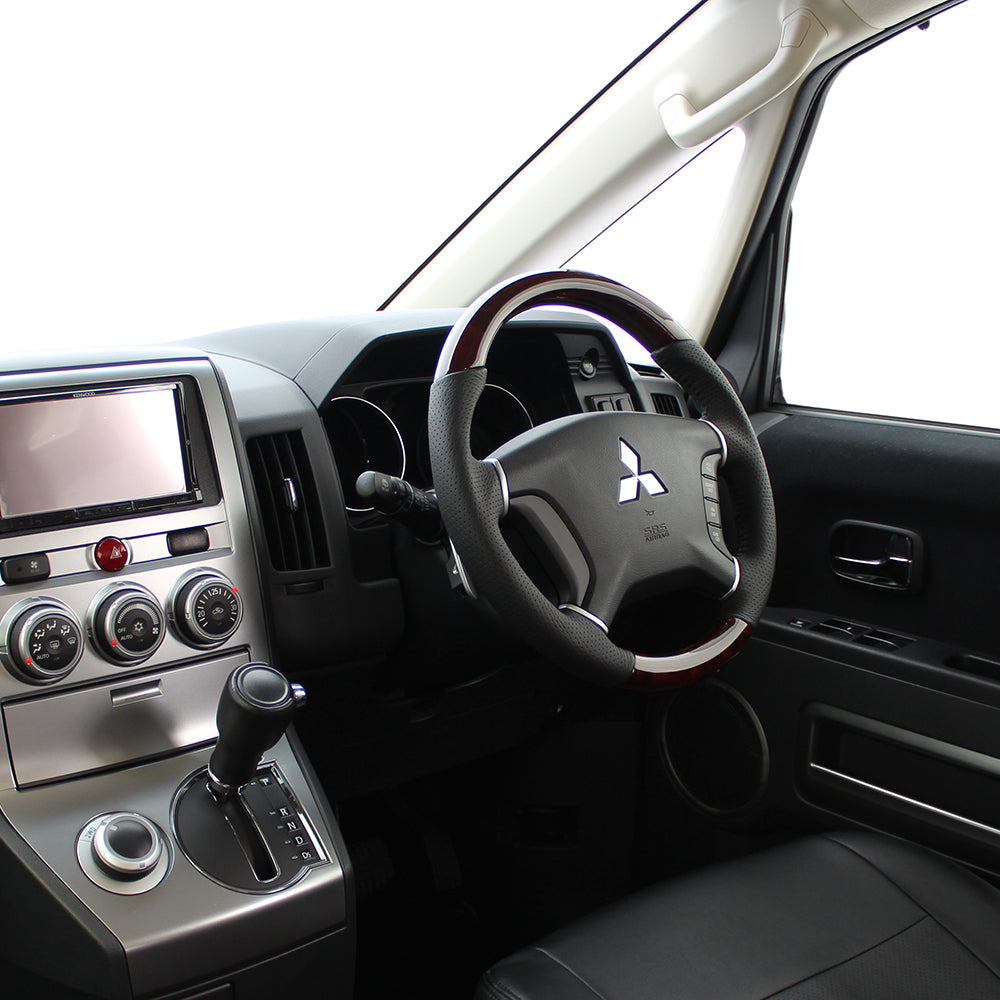 REAL ORIGINAL SERIES ROUND SHAPE BROWN WOOD BLACK STITCH STEERING WHEEL FOR MITSUBISHI PAJERO V8 W V9 W  D5-BRW-BK