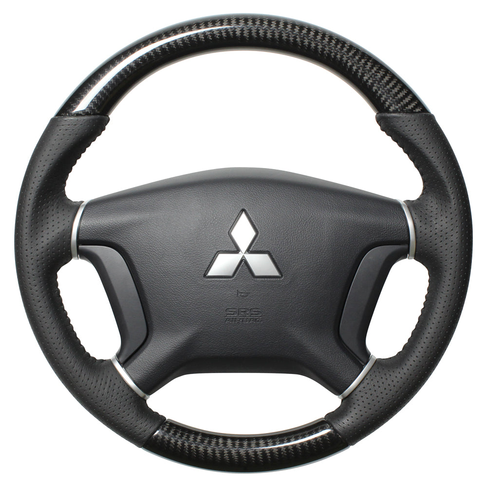 REAL ORIGINAL SERIES ROUND SHAPE BLACK CARBON BLACK STITCH STEERING WHEEL FOR MITSUBISHI PAJERO V8 W V9 W  D5-BKC-BK