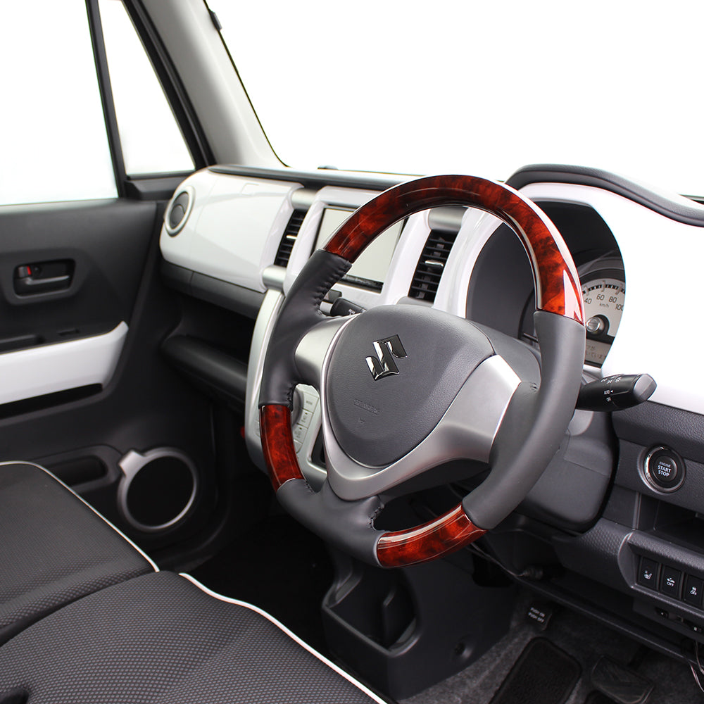 REAL ORIGINAL SERIES SOFT D SHAPE BROWN WOOD BLACK STITCH STEERING WHEEL FOR SUZUKI SPACIA MK32S MK42S  MR31-BRW-BK