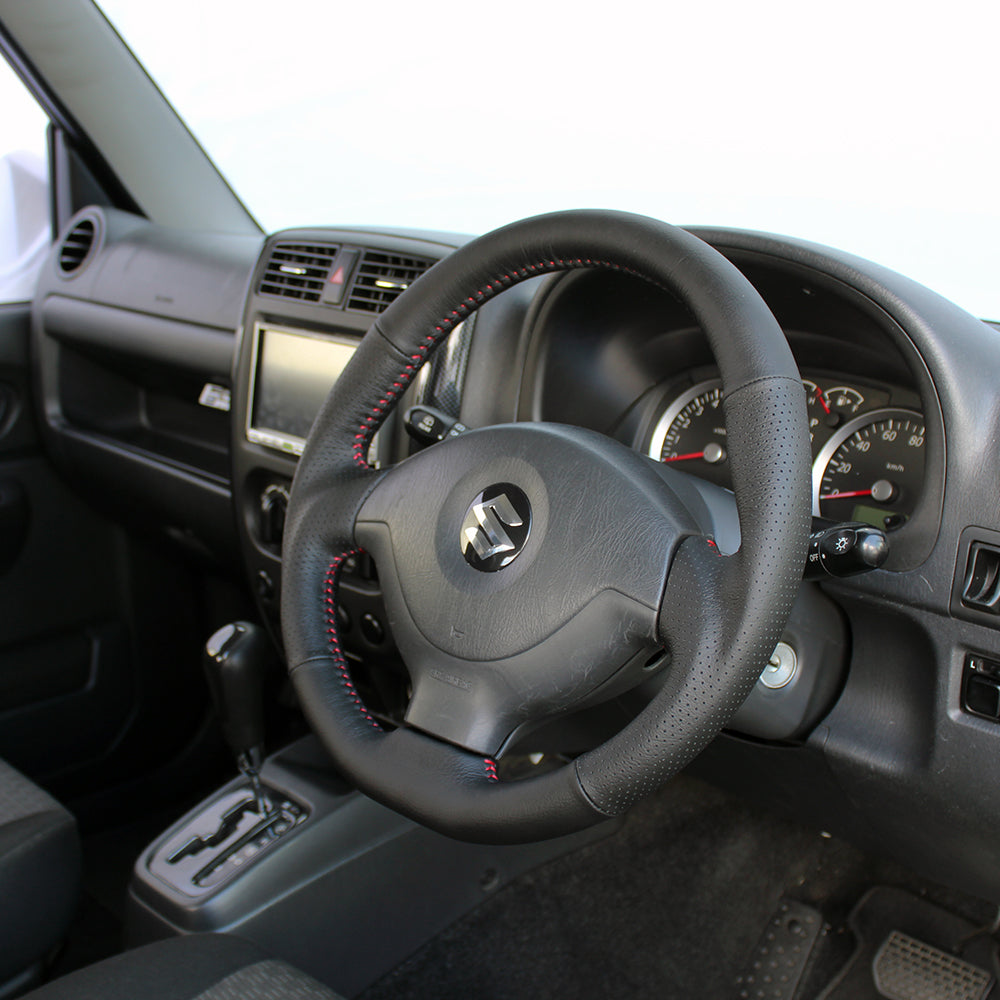 REAL ORIGINAL SERIES SOFT D SHAPE ALL LEATHER RED STITCH STEERING WHEEL FOR SUZUKI JIMNY JB23W: 5-9 TYPE  JB-LPB-RD