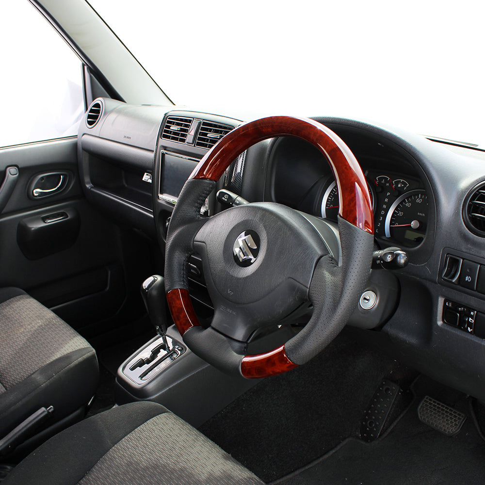REAL ORIGINAL SERIES SOFT D SHAPE BROWN WOOD BLACK STITCH STEERING WHEEL FOR SUZUKI JIMNY SIERRA JB43W: 4-8 TYPE  JB-BRW-BK