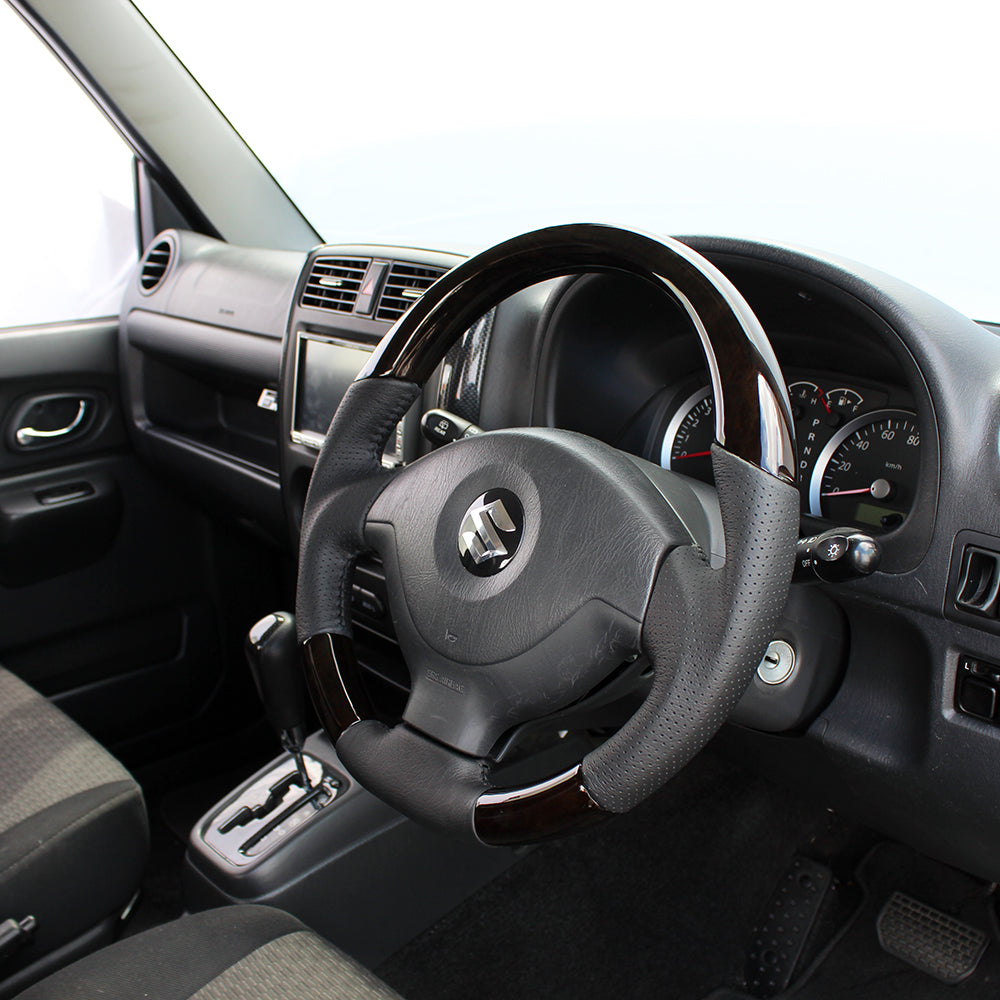 REAL ORIGINAL SERIES SOFT D SHAPE BLACK WOOD BLACK STITCH STEERING WHEEL FOR SUZUKI JIMNY SIERRA JB43W: 4-8 TYPE  JB-BKW-BK