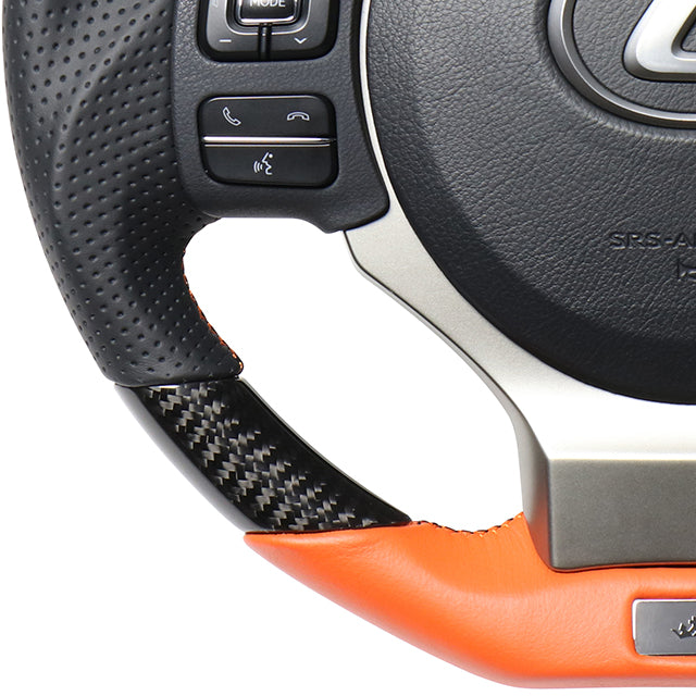 REAL LEXUS SERIES D SHAPE BLACK CARBON & ORANGE LEATHER ORANGE X BLACK EURO STITCH STEERING WHEEL FOR LEXUS RC 10 : KOUKI  LXB-BKC-OR