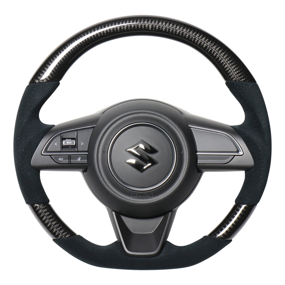 REAL ORIGINAL SERIES SOFT D SHAPE BLACK CARBON & BLACK ULTRA SUEDE BLACK EURO STITCH STEERING WHEEL FOR SUZUKI SWIFT SPORT ZC33S  SZA-BKC-ALC