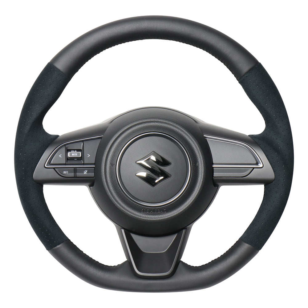 REAL ORIGINAL SERIES SOFT D SHAPE BLACK LEATHER & BLACK ULTRA SUEDE BLACK EURO STITCH STEERING WHEEL FOR SUZUKI SWIFT ZC13S ZC43S ZC53S ZD53S ZC83S ZD83S  SZA-ALC-BK