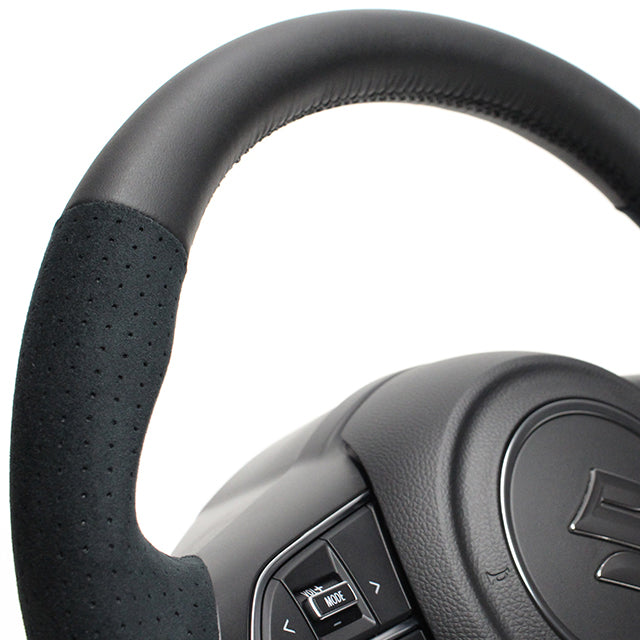 REAL ORIGINAL SERIES SOFT D SHAPE BLACK LEATHER & BLACK ULTRA SUEDE BLACK EURO STITCH STEERING WHEEL FOR SUZUKI SWIFT SPORT ZC33S  SZA-ALC-BK
