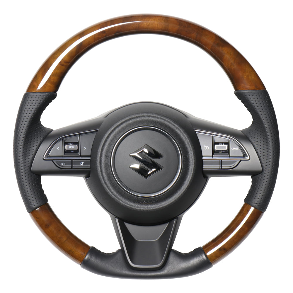REAL ORIGINAL SERIES SOFT D SHAPE 42 BROWN WOOD BLACK STITCH STEERING WHEEL FOR SUZUKI JIMNY SIERRA JB74W  SZB-42BRW-BK
