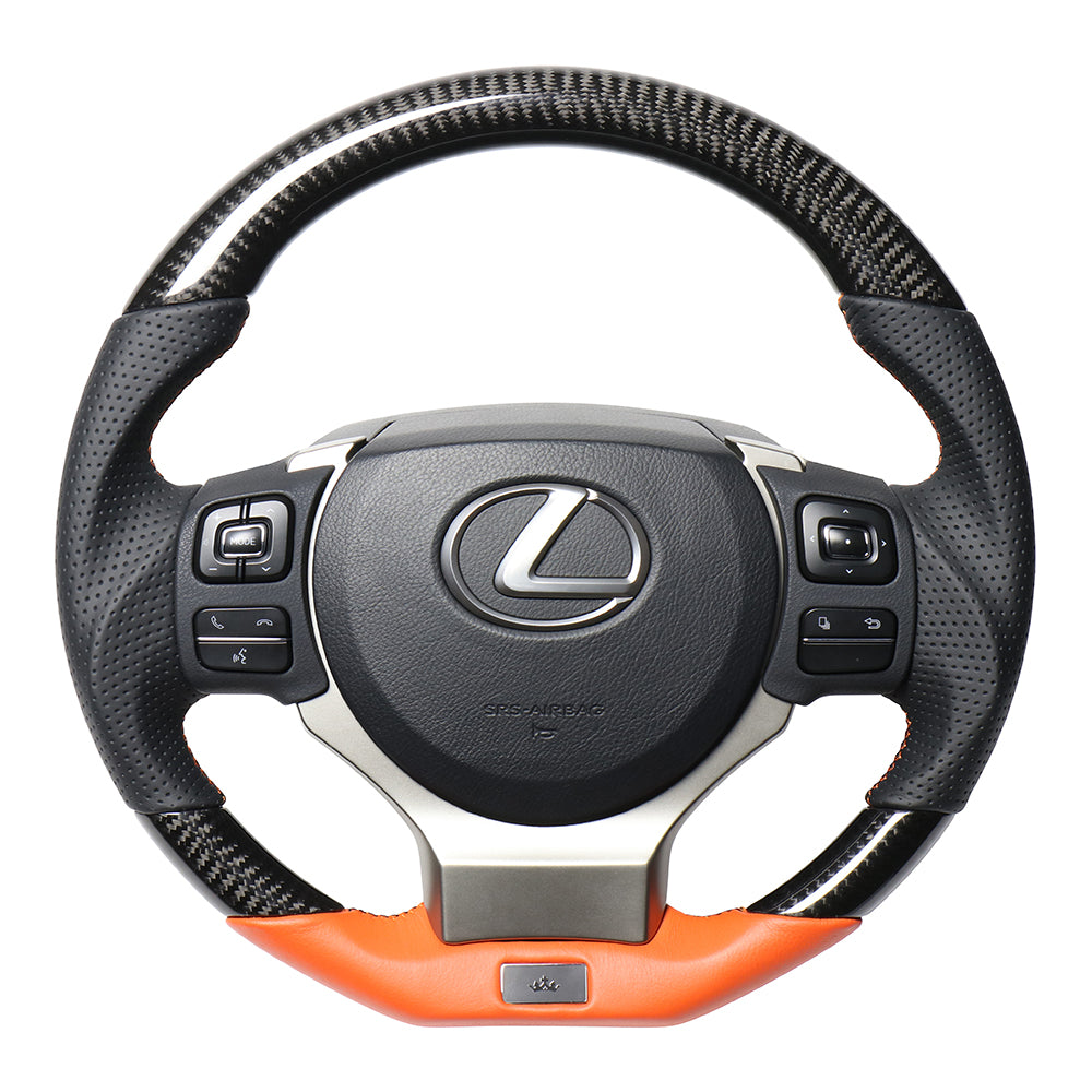 REAL LEXUS SERIES D SHAPE BLACK CARBON & ORANGE LEATHER ORANGE X BLACK EURO STITCH STEERING WHEEL FOR LEXUS RC 10 : KOUKI  LXB-BKC-OR