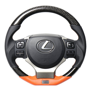 REAL LEXUS SERIES D SHAPE BLACK CARBON & ORANGE LEATHER ORANGE X BLACK EURO STITCH STEERING WHEEL FOR LEXUS RC 10 : KOUKI  LXB-BKC-OR