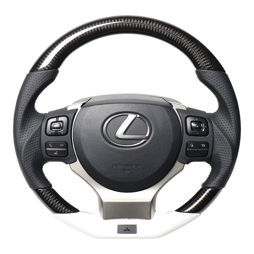 REAL LEXUS SERIES D SHAPE BLACK CARBON & WHITE LEATHER WHITE X BLACK EURO STITCH STEERING WHEEL FOR LEXUS RC F 10 : KOUKI  LXB-BKC-WH