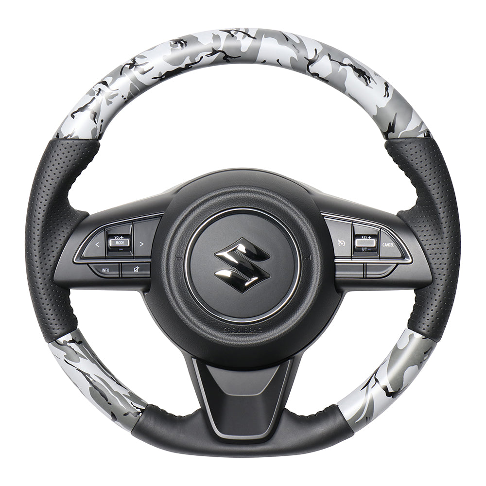 REAL ORIGINAL SERIES SOFT D SHAPE GRAY CAMOUFLAGE PRINT BLACK STITCH STEERING WHEEL FOR SUZUKI JIMNY SIERRA JB74W  SZB-GRT-BK