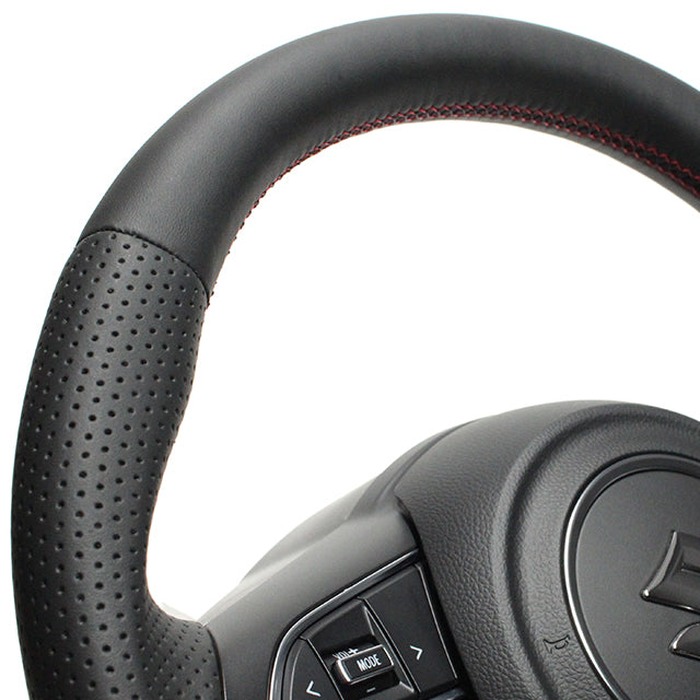REAL ORIGINAL SERIES SOFT D SHAPE ALL LEATHER RED X BLACK EURO STITCH STEERING WHEEL FOR SUZUKI JIMNY SIERRA JB74W  SZB-LPB-RD