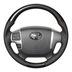 REAL ORIGINAL SERIES GUN GRIP SMALL DIAMETER ROUND SHAPE BLACK CARBON RED X BLACK EURO STITCH STEERING WHEEL FOR TOYOTA HIACE 200 : 4 TYPE OR KOUKI  H214-BKC-RD
