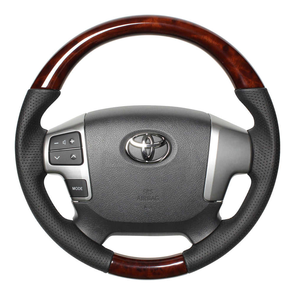 REAL ORIGINAL SERIES GUN GRIP SMALL DIAMETER ROUND SHAPE BROWN WOOD BLACK EURO STITCH STEERING WHEEL FOR TOYOTA HIACE 200 : 4 TYPE OR KOUKI  H214-BRW-BK