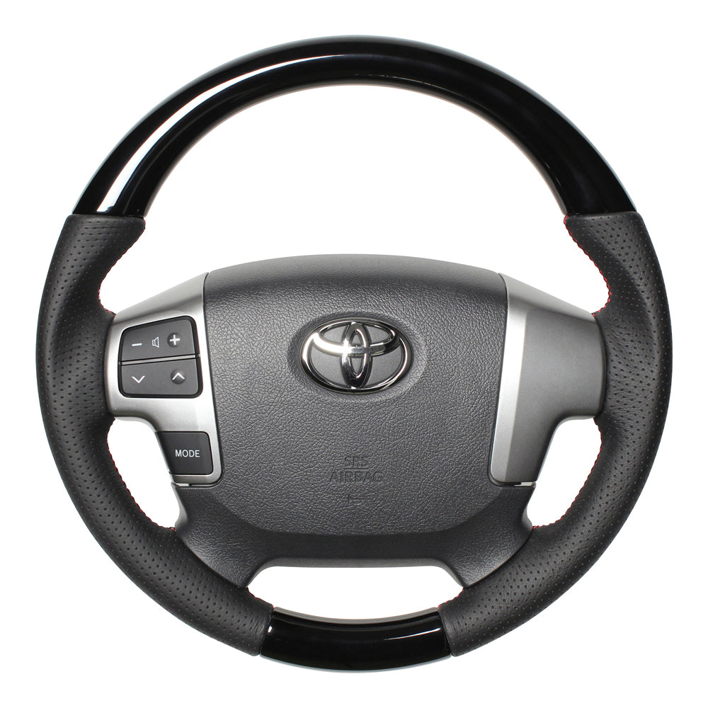 REAL ORIGINAL SERIES GUN GRIP SMALL DIAMETER ROUND SHAPE PIANO BLACK RED X BLACK EURO STITCH STEERING WHEEL FOR TOYOTA HIACE 200 : 4 TYPE OR KOUKI  H214-PBW-RD