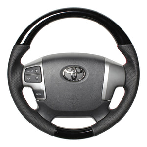 REAL ORIGINAL SERIES GUN GRIP SMALL DIAMETER ROUND SHAPE PIANO BLACK RED X BLACK EURO STITCH STEERING WHEEL FOR TOYOTA HIACE 200 : 4 TYPE OR KOUKI  H214-PBW-RD