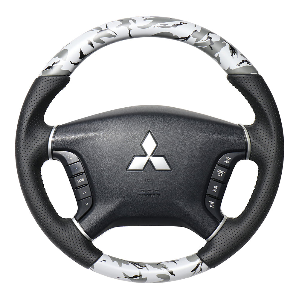 REAL ORIGINAL SERIES ROUND SHAPE GRAY CAMOUFLAGE PRINT BLACK STITCH STEERING WHEEL FOR MITSUBISHI DELICA D:5 CV W:ZENKI  D5-GRT-BK