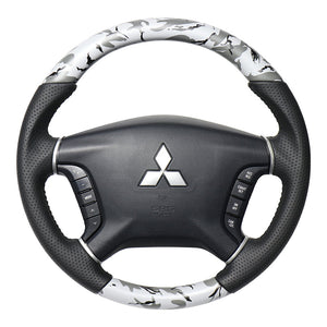 REAL ORIGINAL SERIES ROUND SHAPE GRAY CAMOUFLAGE PRINT BLACK STITCH STEERING WHEEL FOR MITSUBISHI PAJERO V8 W V9 W  D5-GRT-BK