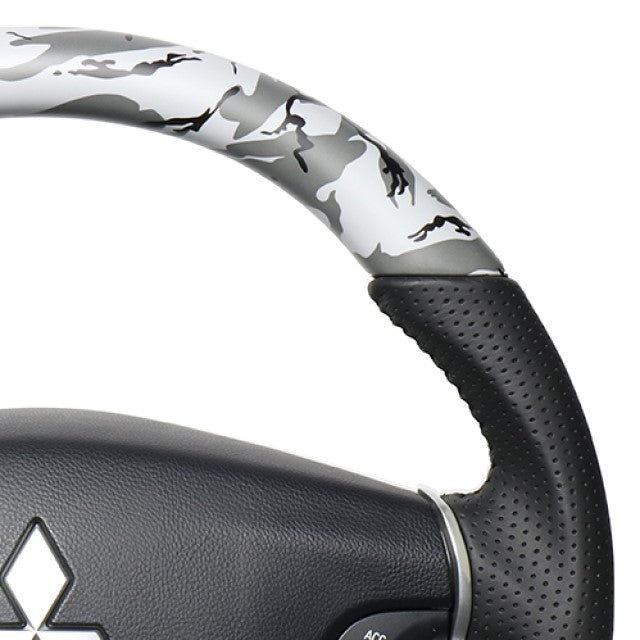 REAL ORIGINAL SERIES ROUND SHAPE GRAY CAMOUFLAGE PRINT BLACK STITCH STEERING WHEEL FOR MITSUBISHI DELICA D:5 CV W:ZENKI  D5-GRT-BK