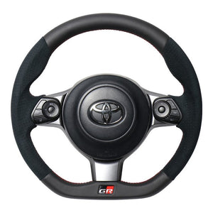 REAL ORIGINAL SERIES EMBLEM TYPE D SHAPE BLACK LEATHER & BLACK ULTRA SUEDE RED X BLACK EURO STITCH STEERING WHEEL FOR TOYOTA C-HR GR SPORT 10  GRM-ALC-RD