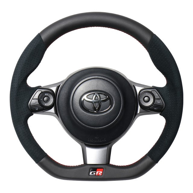 REAL ORIGINAL SERIES EMBLEM TYPE D SHAPE BLACK LEATHER & BLACK ULTRA SUEDE RED X BLACK EURO STITCH STEERING WHEEL FOR TOYOTA PRIUS Α GR SPORT 40  GRM-ALC-RD