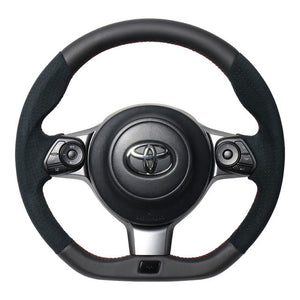 REAL ORIGINAL SERIES EMBLEM TYPE D SHAPE BLACK LEATHER & BLACK ULTRA SUEDE RED X BLACK EURO STITCH STEERING WHEEL FOR TOYOTA C-HR GR SPORT 10  GRM-ALC-RD