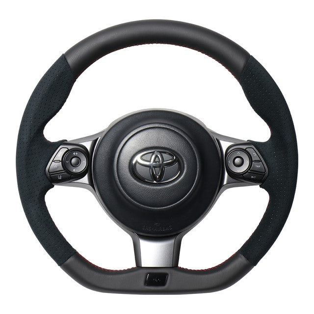 REAL ORIGINAL SERIES EMBLEM TYPE D SHAPE BLACK LEATHER & BLACK ULTRA SUEDE RED X BLACK EURO STITCH STEERING WHEEL FOR TOYOTA PRIUS Α GR SPORT 40  GRM-ALC-RD