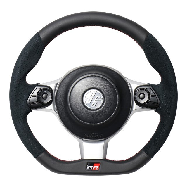 REAL ORIGINAL SERIES EMBLEM TYPE BLACK LEATHER & BLACK ULTRA SUEDE RED X BLACK EURO STITCH STEERING WHEEL FOR TOYOTA 86 ZN6 KOUKI GRM-ALC-RD