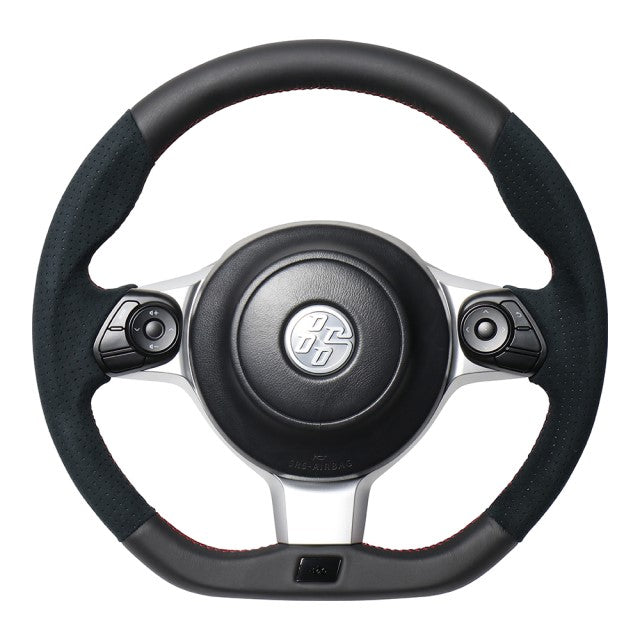 REAL ORIGINAL SERIES EMBLEM TYPE BLACK LEATHER & BLACK ULTRA SUEDE RED X BLACK EURO STITCH STEERING WHEEL FOR TOYOTA 86 ZN6 KOUKI GRM-ALC-RD