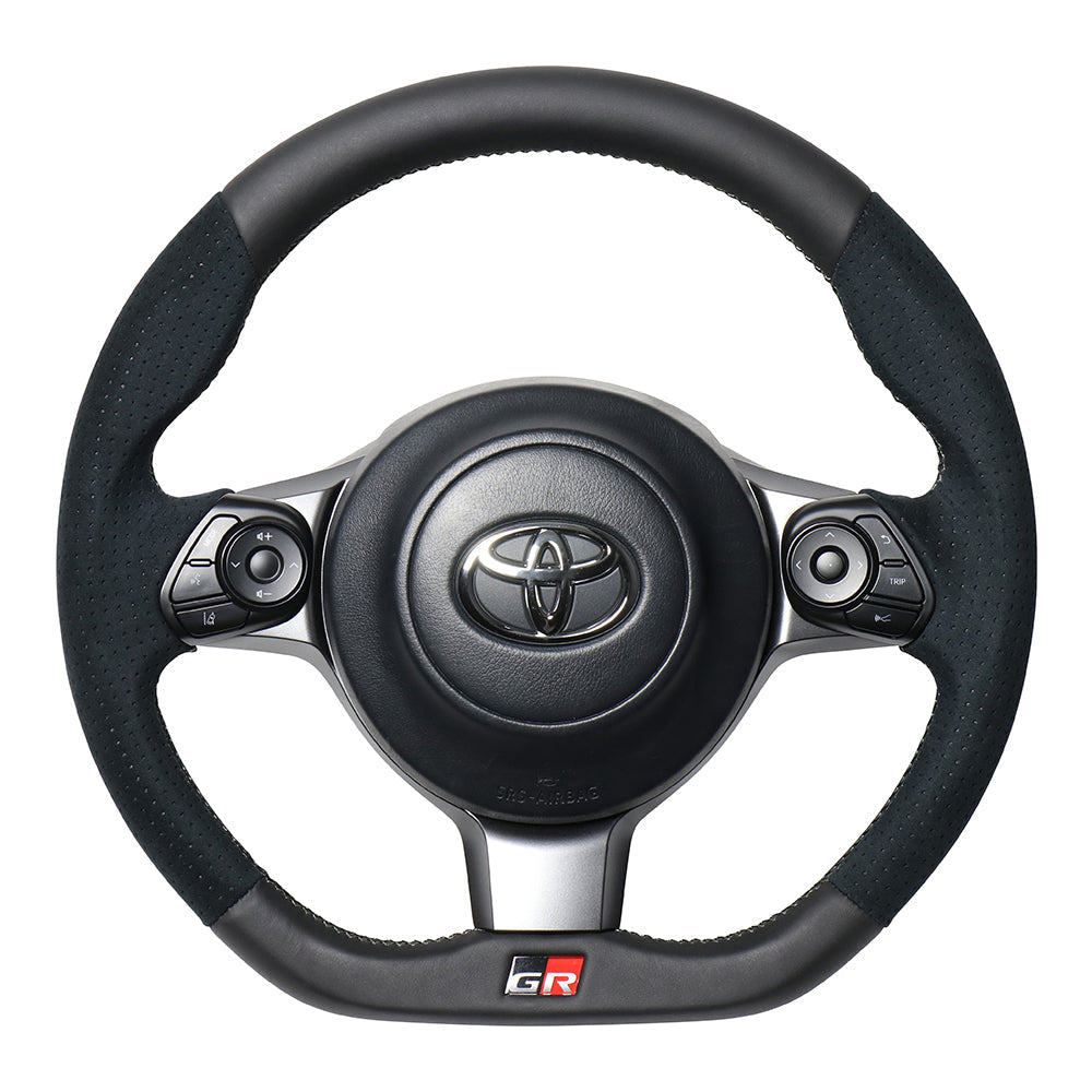 REAL ORIGINAL SERIES EMBLEM TYPE D SHAPE BLACK LEATHER & BLACK ULTRA SUEDE SILVER X BLACK EURO STITCH STEERING WHEEL FOR TOYOTA NOAH GR SPORT 80  GRM-ALC-SL