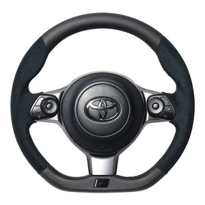 REAL ORIGINAL SERIES EMBLEM TYPE D SHAPE BLACK LEATHER & BLACK ULTRA SUEDE SILVER X BLACK EURO STITCH STEERING WHEEL FOR TOYOTA NOAH GR SPORT 80  GRM-ALC-SL