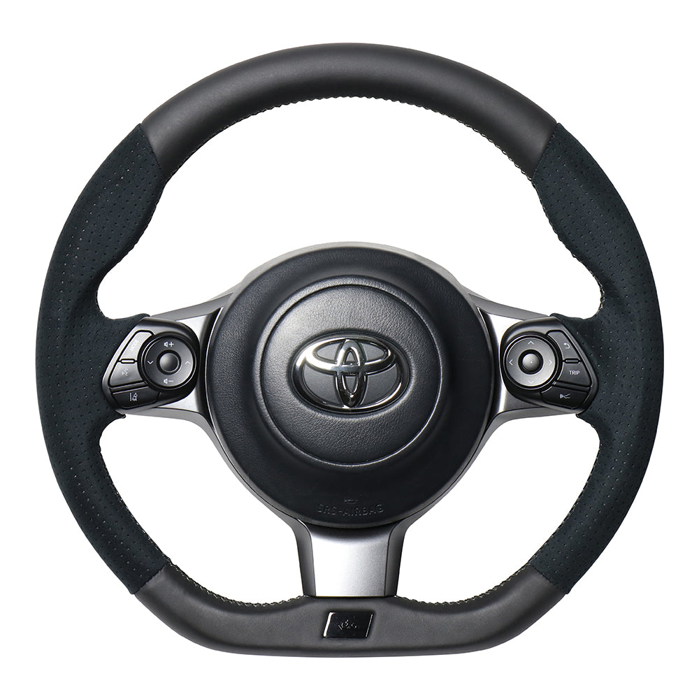 REAL ORIGINAL SERIES EMBLEM TYPE BLACK LEATHER & BLACK ULTRA SUEDE SILVER X BLACK EURO STITCH STEERING WHEEL FOR TOYOTA 86 GR ZN6 GRM-ALC-SL