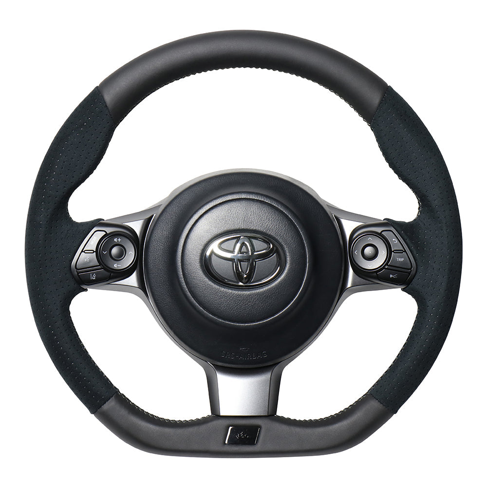 REAL ORIGINAL SERIES EMBLEM TYPE D SHAPE BLACK LEATHER & BLACK ULTRA SUEDE SILVER X BLACK EURO STITCH STEERING WHEEL FOR TOYOTA VITZ GRMN 130  GRM-ALC-SL