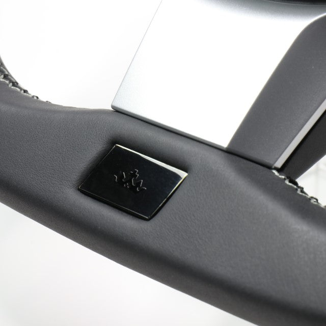 REAL ORIGINAL SERIES EMBLEM TYPE D SHAPE BLACK LEATHER & BLACK ULTRA SUEDE SILVER X BLACK EURO STITCH STEERING WHEEL FOR TOYOTA VITZ GRMN 130  GRM-ALC-SL