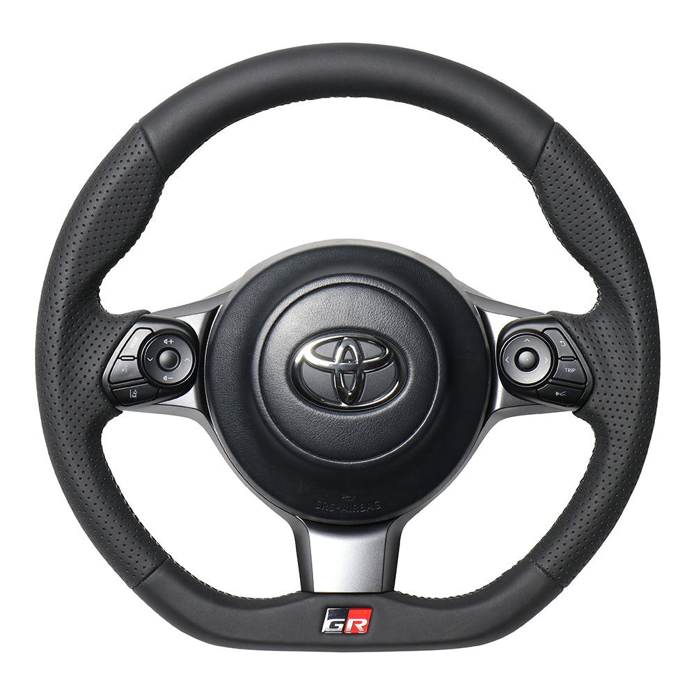 REAL ORIGINAL SERIES EMBLEM TYPE D SHAPE ALL LEATHER SILVER X BLACK EURO STITCH STEERING WHEEL FOR TOYOTA PRIUS Α GR SPORT 40  GRM-LPB-SL